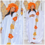 White bazin riche boubou with orange embroidery custom made for women