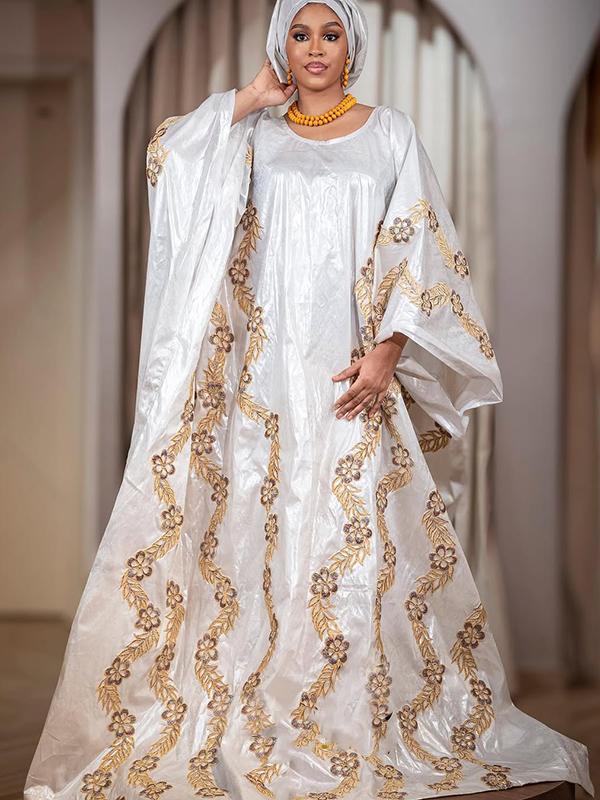 White Bazin Riche Boubou Gown Set - Gold Embroidery
