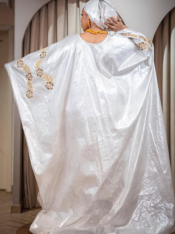 White Bazin Riche Boubou Gown Set - Gold Embroidery