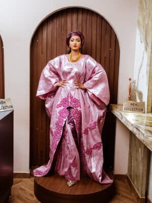 Modest African Dress for Women in luxury pink bazin with embroidered detailing