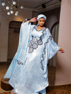 sky blue embroidered Women's Bazin Clothing with black and silver floral embroiderysky blue embroidered Bazin riche dress with black and silver floral embroidery