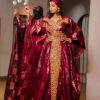 Burgundy embroidered African dress for women in bazin fabric with headwrap