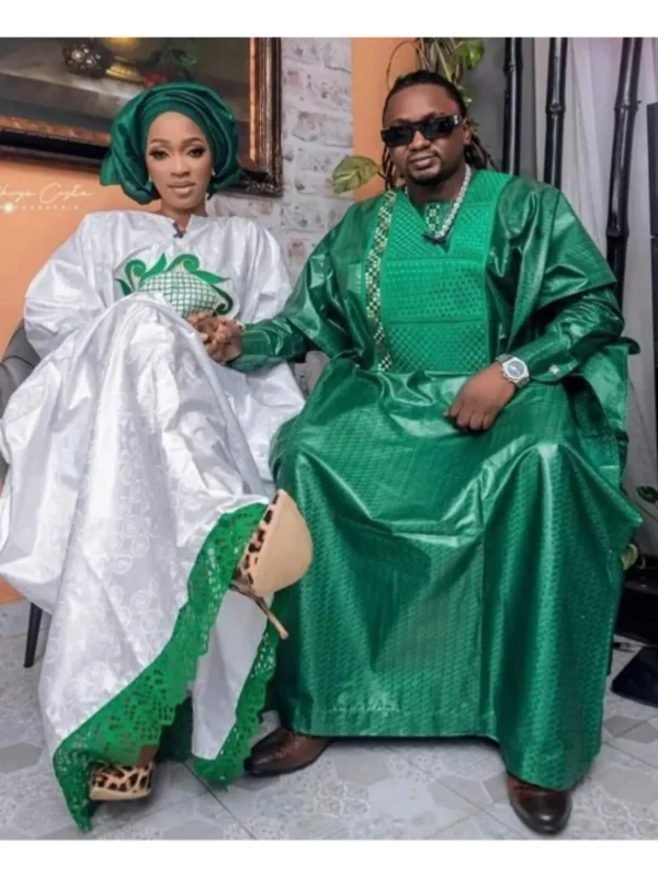 Green and white Embroidered Bazin Outfits