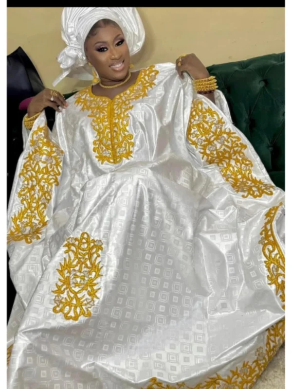 African Clothing for Ladies – White Bazin Boubou with Gold Embroidery