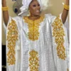 African Clothing for Ladies – White Bazin Boubou with Gold Embroidery