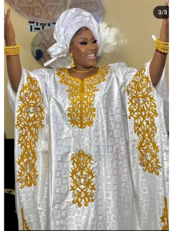 African Clothing for Ladies – White Bazin Boubou with Gold Embroidery