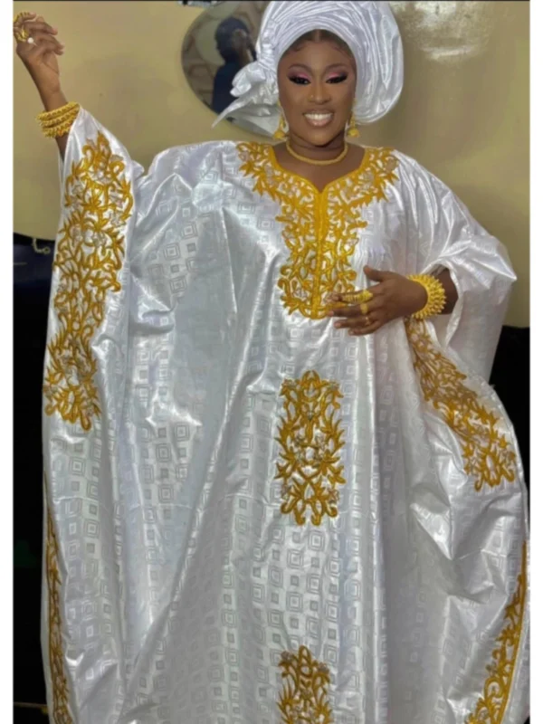 White gold embroidered bazin African Clothing for Ladies