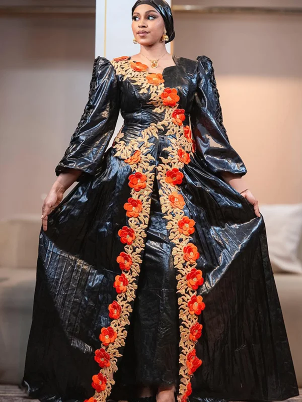 Black Bazin Orange Embroidery Bazin 2 West African Women’s Clothing – Flowing Embroidered Bazin Outfit