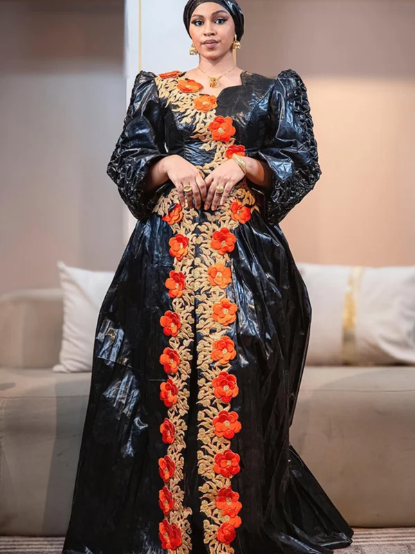 Black Bazin Orange Embroidery Bazin 3 West African Women’s Clothing – Flowing Embroidered Bazin Outfit