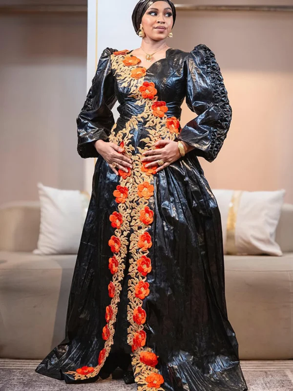 Black Bazin Orange Embroidery Bazin West African Women’s black bazin Clothing