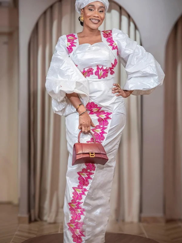 White bazin pink embroidery African Clothing Fashion