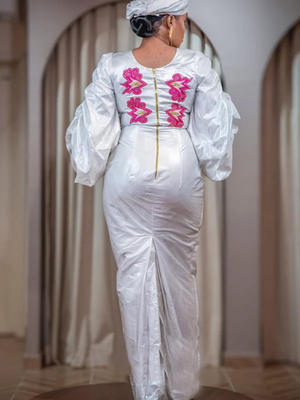 African Clothing Fashion – Custom White Bazin Dress with Statement Sleeves