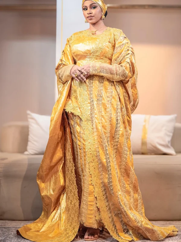Mustard Bazinn womens African dress 2 Bazin Riche Dress | Custom-Tailored Premium Getzner Gown with Matching Gele