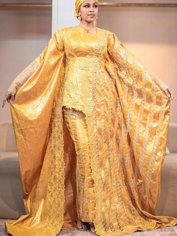 Mustard Bazinn womens African dress Mustard African Bazin Riche Dress