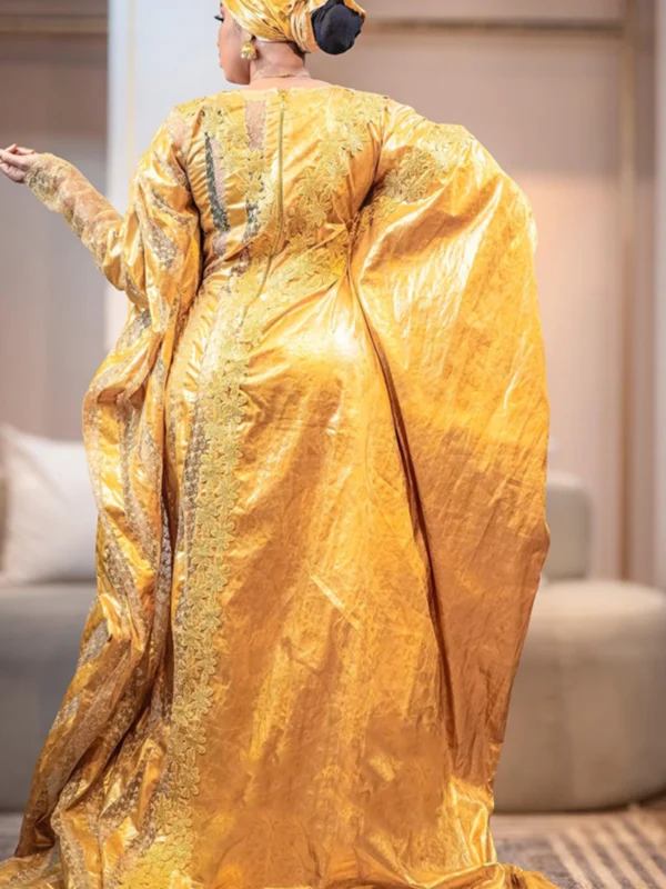 Mustard Bazinn womens African dress -Back Bazin Riche Dress | Custom-Tailored Premium Getzner Gown with Matching Gele