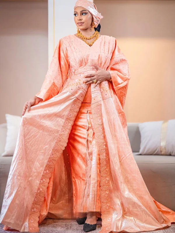 Peach African women's bazin dress 3 African Dress Plus Size | Custom-Made Bazin Riche Getzner Boubou