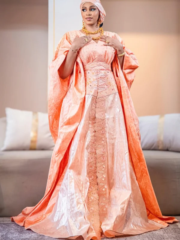 Peach African women's bazin dress African Dress Plus Size | Custom-Made Bazin Riche Getzner Boubou