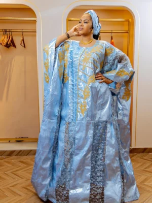 Sky blue bazin boubou African Dress and Headwrap