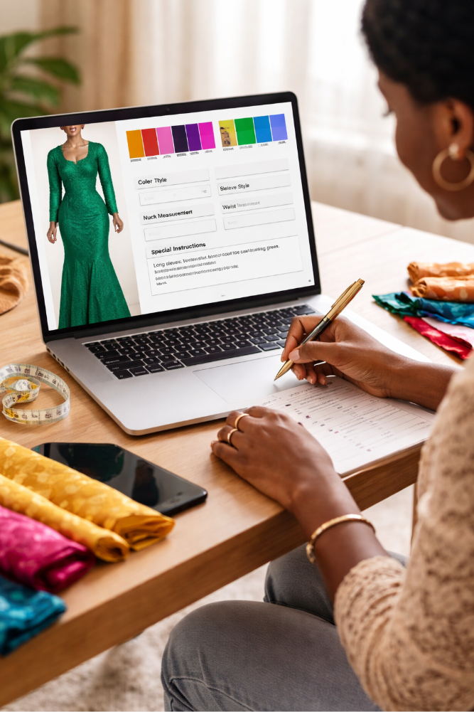 Customer filling out measurements for custom African dress