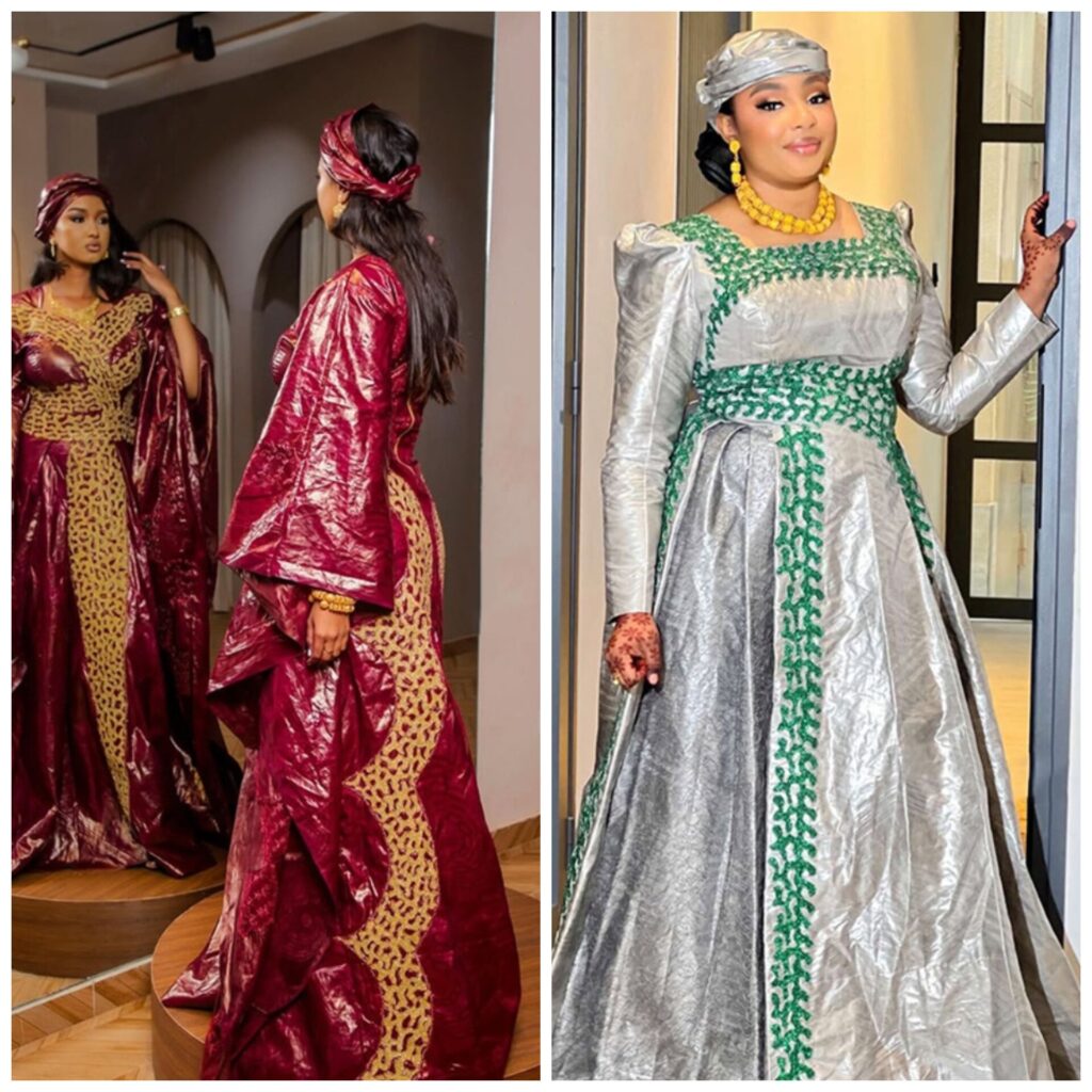 Beautifully embroidered bazin dresses for Senegalese wedding 