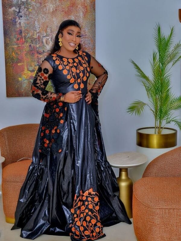 Black Bazin riche dress with orange embroidery