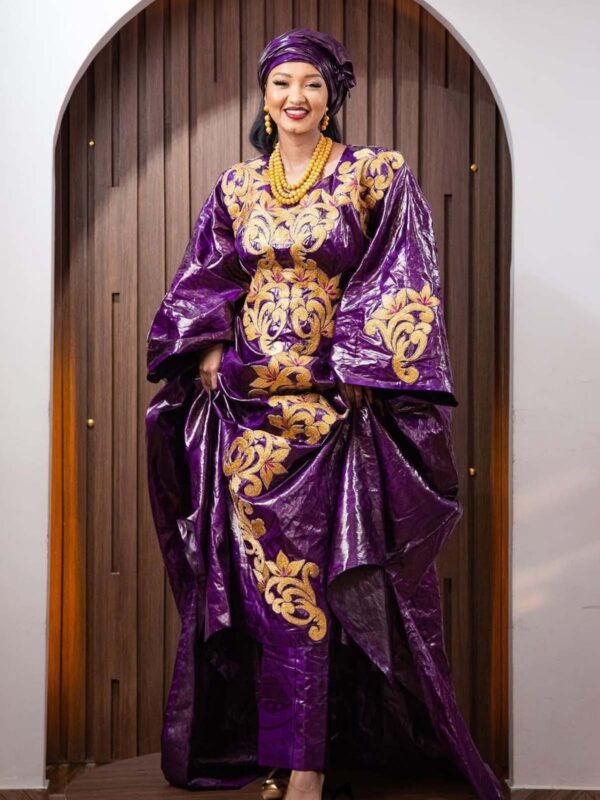 West African Eid Dress – Purple Bazin Boubou with Gold Embroidery
