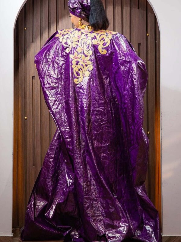 West African Eid Dress – Purple Bazin Boubou with Gold Embroidery