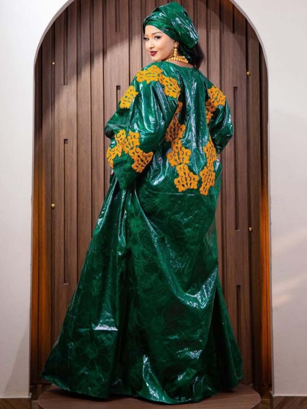 Party African Dress – Green Bazin Boubou with Gold Embroidery