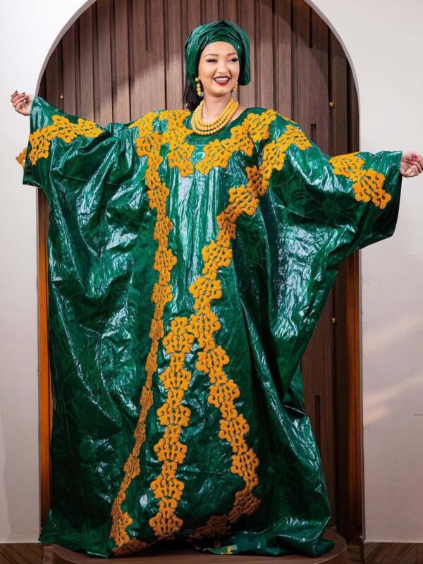 Party African Dress – Green Bazin Boubou with Gold Embroidery