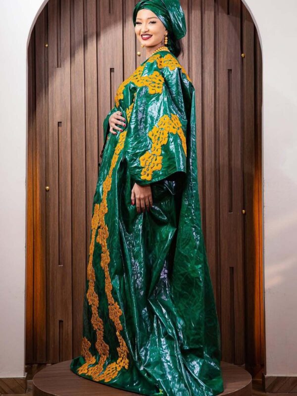 Party African Dress – Green Bazin Boubou with Gold Embroidery