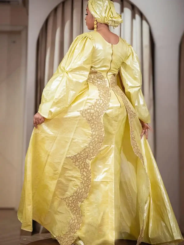 Custom Made African Bazin Dress – Yellow Embroidered Statement Gown