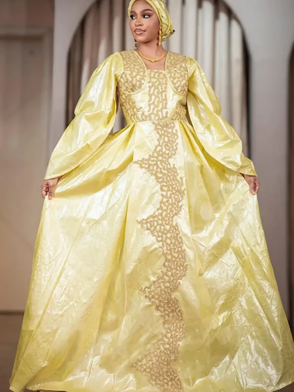 Custom Made African Bazin Dress – Yellow Embroidered Statement Gown
