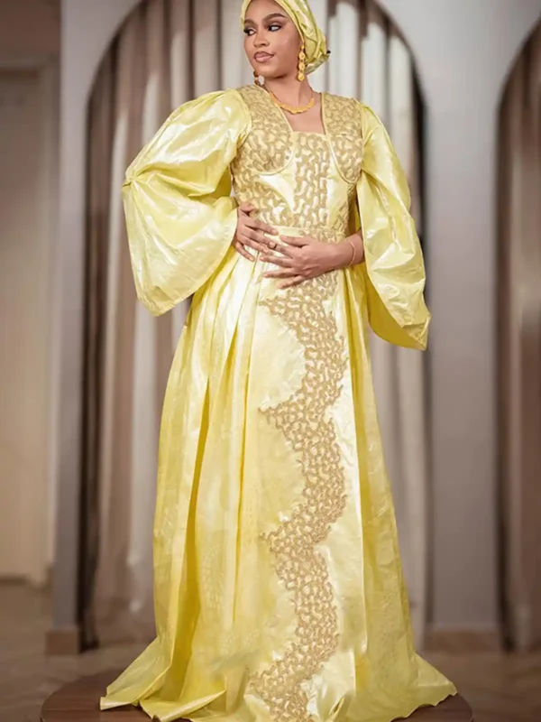 Custom Made African Bazin Dress – Yellow Embroidered Statement Gown
