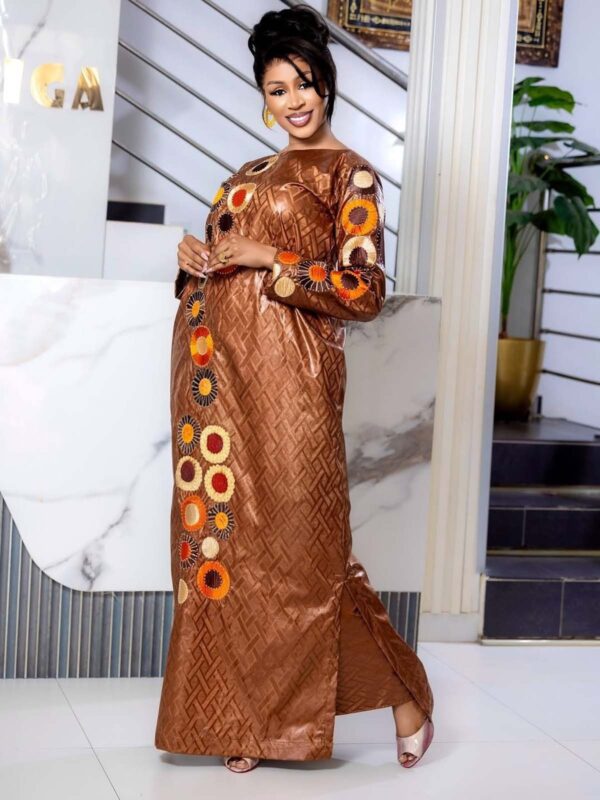 West African Bazin Dress with Bold Pattern Embroidery – Custom Fit Boubou
