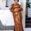 West African Bazin Dress in Brown Getzner Fabric with Circular Embroidery