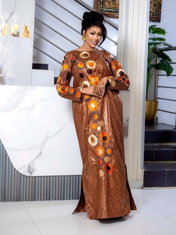 West African Bazin Dress in Brown Getzner Fabric with Circular Embroidery