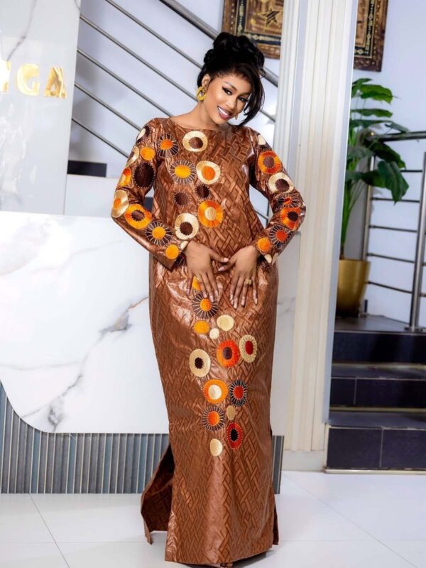 West African Bazin Dress with Bold Pattern Embroidery – Custom Fit Boubou
