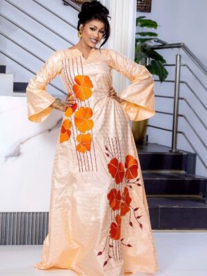 Embroidered Bazin dress 2 Luxury Bazin Dress with Bold Floral Embroidery – Women’s Bazin Boubou