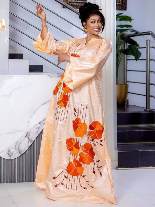 Luxury Bazin Dress with Orange Embroidery – Custom African Bazin Boubou