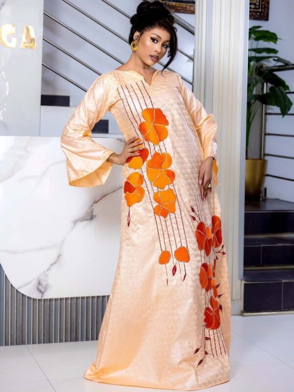 Luxury Bazin Dress with Orange Embroidery – Custom African Bazin Boubou
