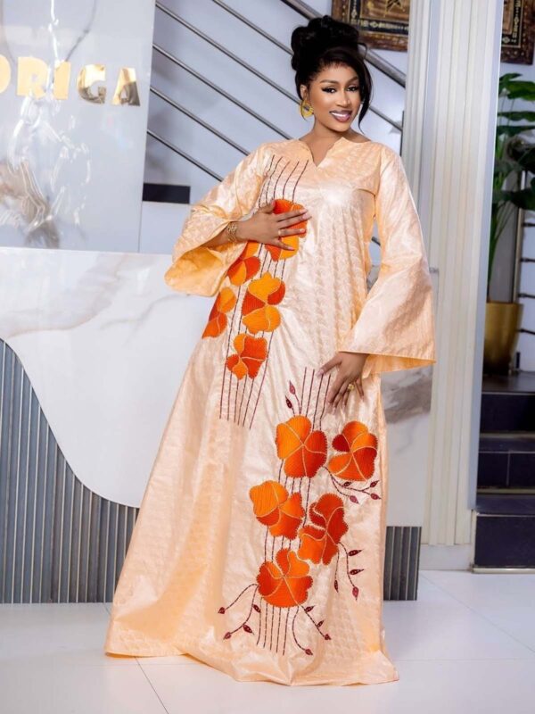 Luxury Bazin Dress with Orange Embroidery – Custom African Bazin Boubou