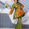 Green Embroidered African Bazin dress Bazin outfit for women with embroidered peplum top and matching skirt