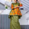 Green Embroidered African Bazin dress 2 Bazin outfit for women with embroidered peplum top and matching skirt
