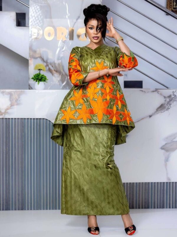 Green Embroidered African Bazin dress 2 Bazin outfit for women with embroidered peplum top and matching skirt