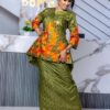Green Embroidered African Bazin dress 3 Bazin outfit for women in Getzner fabric with floral embroidery design