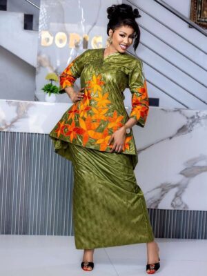 Green Embroidered African Bazin dress 3 Bazin outfit for women in Getzner fabric with floral embroidery design