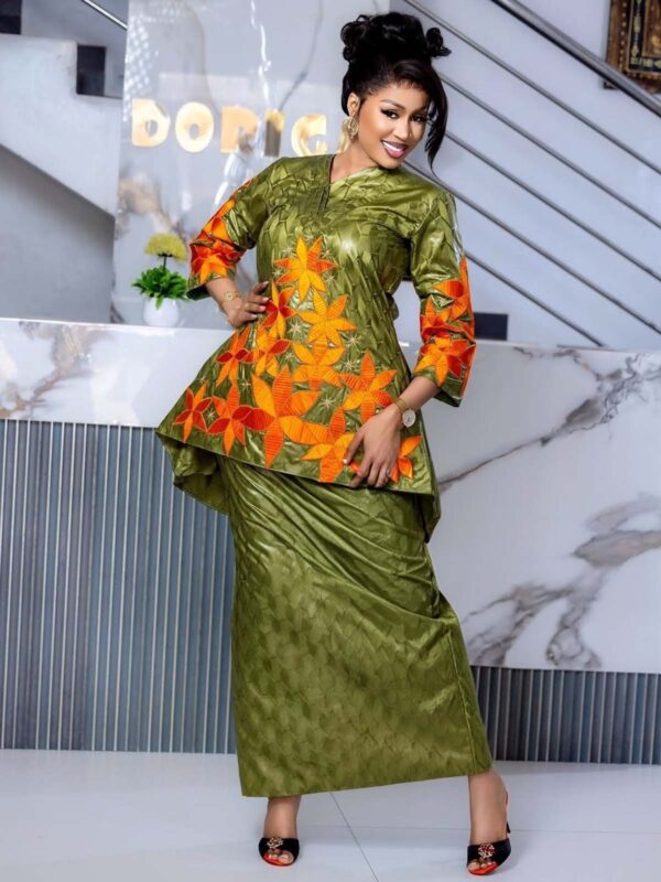 Green Embroidered African Bazin dress 3 Bazin outfit for women in Getzner fabric with floral embroidery design