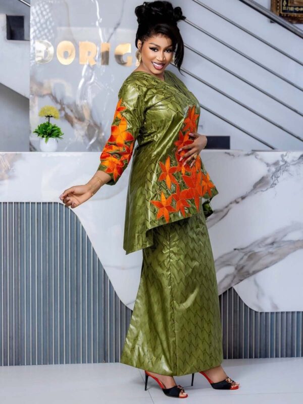 Green Embroidered African Bazin dress 4 Bazin outfit for women with embroidered peplum top and matching skirt