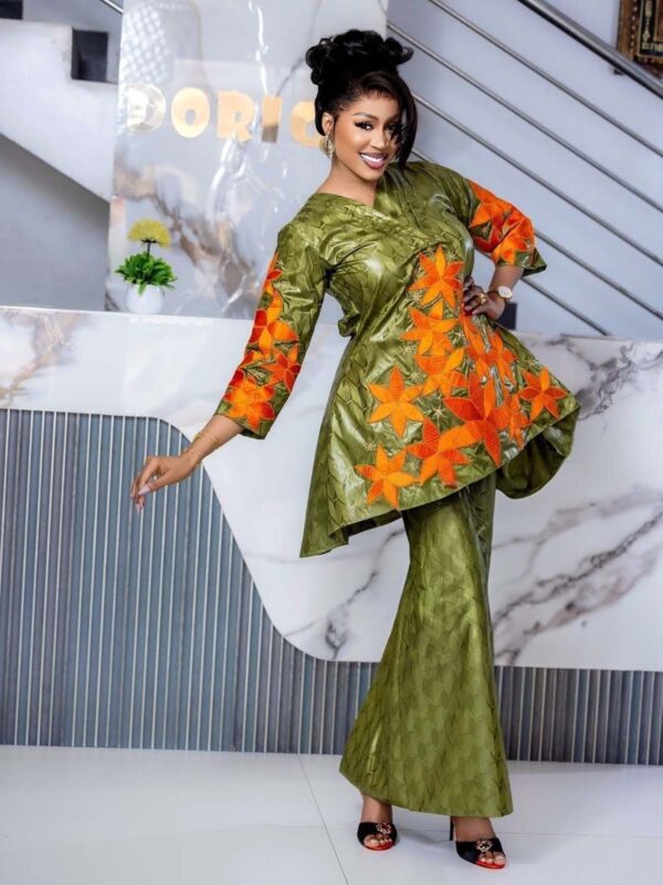 Green Embroidered African Bazin dress Bazin outfit for women with embroidered peplum top and matching skirt