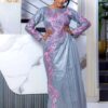 African Bazin Gown in Grey Getzner Fabric with Pink Embroidery